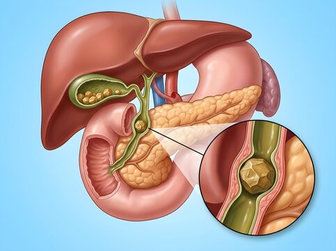 Gallstone Blocking Common Bile Duct with Close up Cross Section Diagram