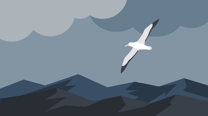 Fototapeta premium A beautiful flat vector illustration depicting a professional and artistic scene of a albatross in a beautifully detailed albatross bird soaring high over stormy dark mountain ridges.