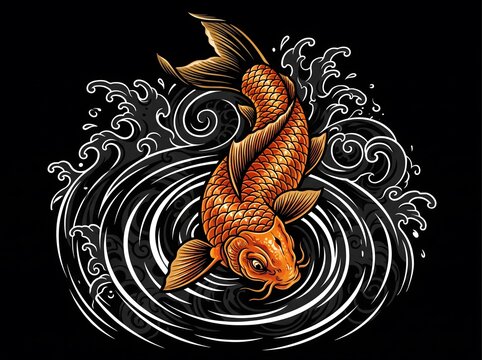 Golden Koi Fish Diving in Circular Wave Japanese Tattoo Art on Black Background