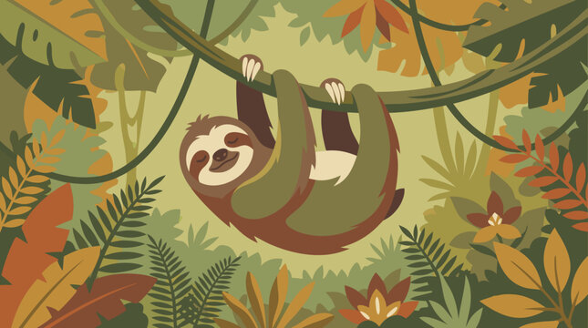 A beautiful flat vector illustration depicting a professional and artistic scene of a sloth in a beautifully detailed sloth hanging upside down from a tree branch in a tropical jungle.