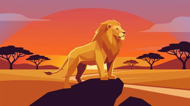 A beautiful flat vector illustration depicting a professional and artistic scene of a lion in a beautifully detailed lion standing proudly on a rock cliff overlooking the savanna landscape.