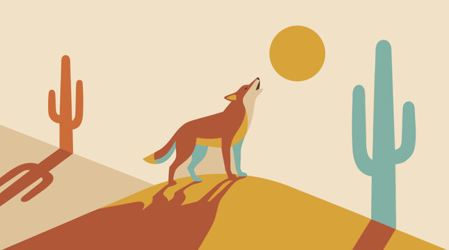 A beautiful flat vector illustration depicting a professional and artistic scene of a howling wolf in a beautifully detailed coyote or wolf howling at the sun in a desert landscape with cact.