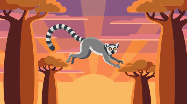 A beautiful flat vector illustration depicting a professional and artistic scene of a lemur in a beautifully detailed ring-tailed lemur jumping between baobab trees against a sunset sky.