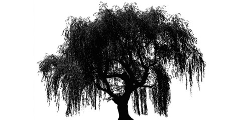 A black silhouette of a weeping willow tree isolated on transparent background with long hanging branches and leaves © oneday