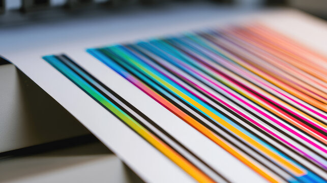 Color proof sheet print proof color bar printing shop press table inspection table printed paper vibrant color CMYK strip graphic design color calibration prepress workflow production proof offset