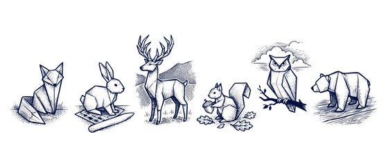 Obraz premium Geometric forest animal vector set of origami style minimalist icons. Detailed line art illustrations of woodland wildlife including fox, rabbit, deer, squirrel, owl, and bear in engraving style art.