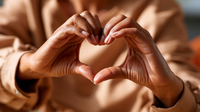 Female hands forming a heart shape against a warm beige studio background with soft natural light, capturing affection, unity and emotional warmth in a simple universal gesture, realistic
