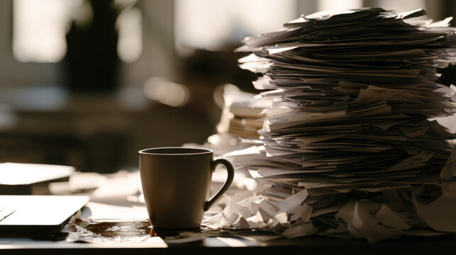Coffee spill paperwork desk office stack mug clutter chaos stress evening light shallow focus