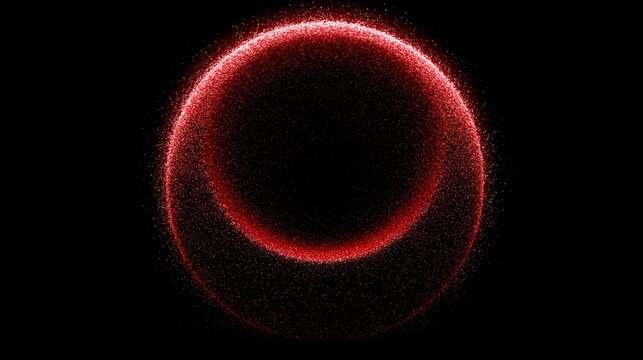 Abstract scattered red granular particle ring circle on pure dark black backdrop, glowing dust halo energy sphere effect for tech logo base, event horizontal banner, stranger Artemis style