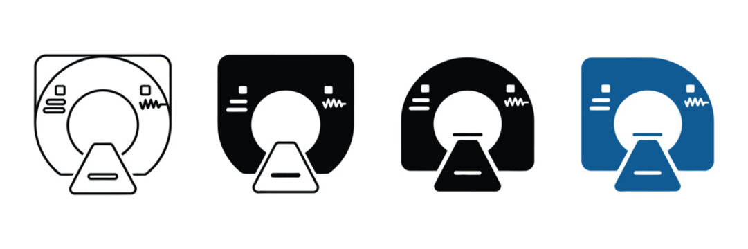 CT scan machine vector icons representing medical imaging equipment, radiology technology, diagnostic procedures, hospital care, and healthcare services.