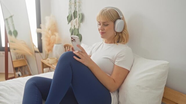 Woman holds smartphone and wears headphones, sitting on bed in bedroom with knees tucked and scrolls phone with hand; relaxation.