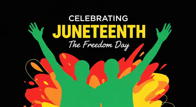 Celebrating Juneteenth with joyful green silhouettes on black background with red, orange and yellow