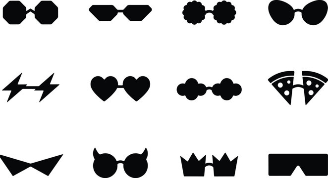 Sunglasses party novelty silhouette icon set featuring fun shapes like hearts lightning bolts pizza slices and crown frames for holiday festival design.