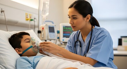Fototapeta premium Compassionate nurse adjusting the oxygen mask on a young boy lying in a hospital bed