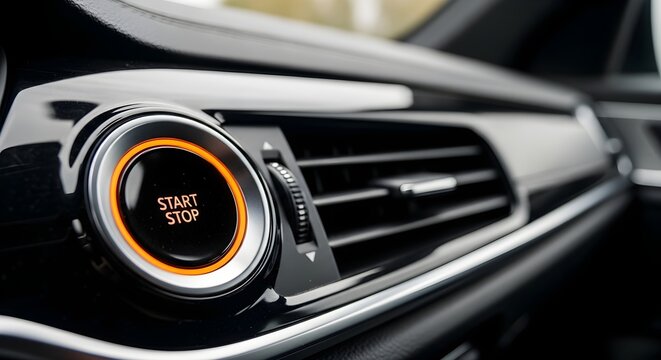 Glowing orange engine start stop button inside a modern luxury vehicle dashboard with metallic trim details