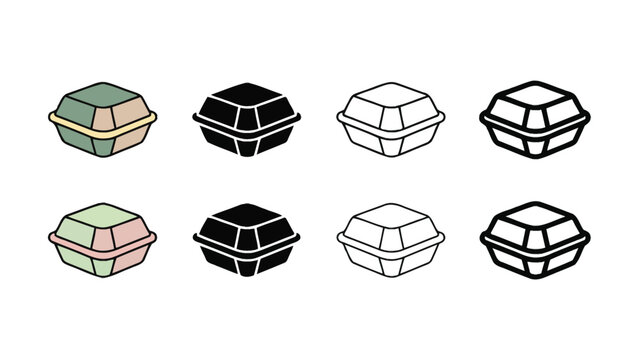 Colorful illustrations of disposable takeout containers in various designs and colors shown here
