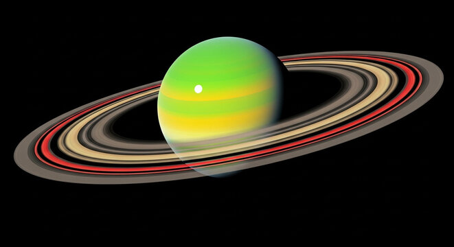Vibrant green planet with colorful rings orbits in space with a small white moon and striking red and yellow hues against a dark background