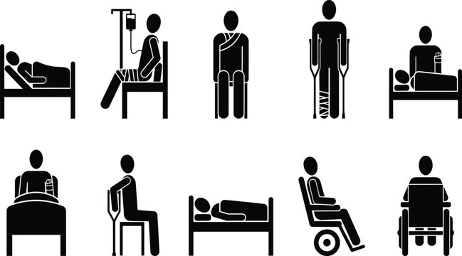 Patient injury and hospital recovery stick figure silhouette icon set featuring crutches wheelchair arm sling and iv drip medical treatment.
