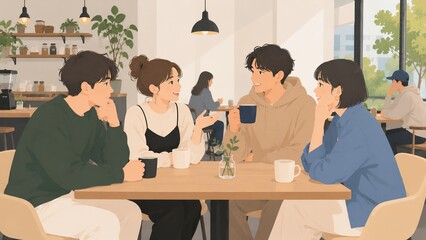 Fototapeta premium Group of young adult friends enjoying coffee and lively conversation at a modern cafe.