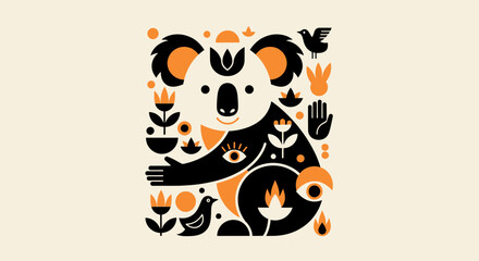 Stylized Koala Illustration with Nature Elements and Abstract Symbols © Raffi