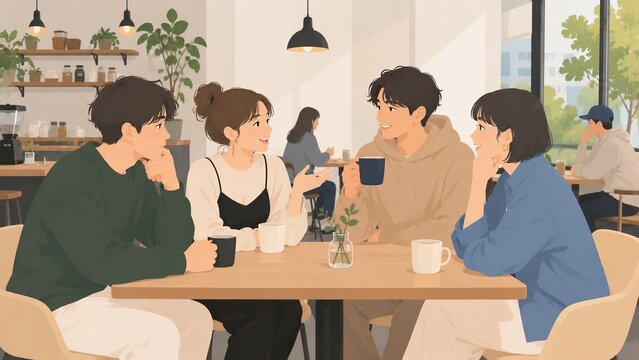 Group of young adult friends enjoying coffee and lively conversation at a modern cafe.