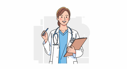 Fototapeta premium Smiling female doctor with stethoscope holding clipboard and pen, medical professional illustration
