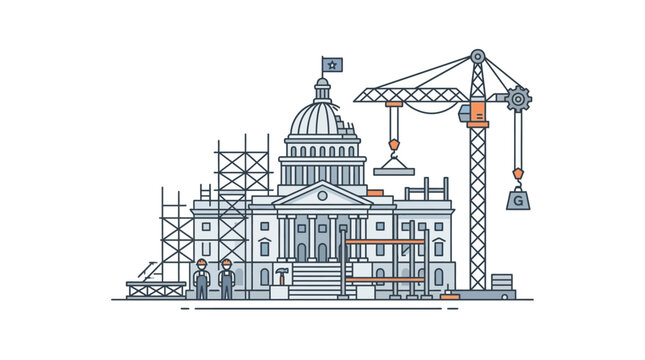 Government Building Construction: Capitol Under Development with Crane and Workers