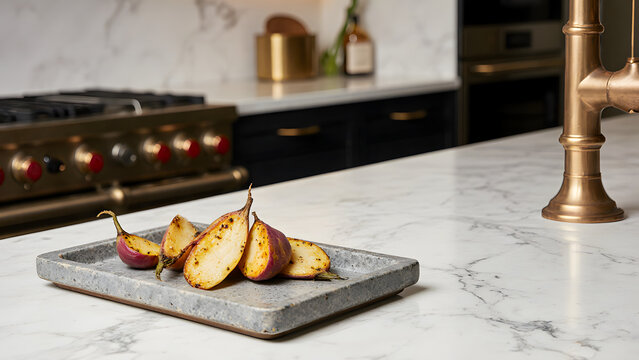 Roasted sweet potatoes on a plate on a luxury white marble kitchen island