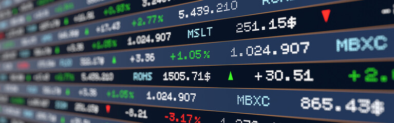 Stock market ticker tape, exchange data, prices, percentage changes and arrows up or down. Small focus, blurred edges. Trading, market data, business, investment, data, wealth, financial markets © Westlight