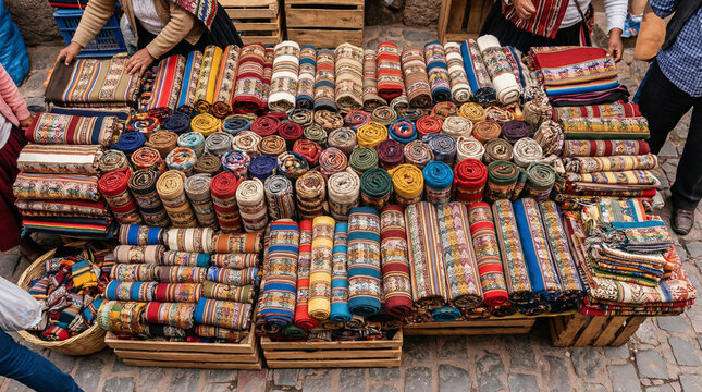 Colorful Woven Textiles Displayed in Vibrant Outdoor Market Stall