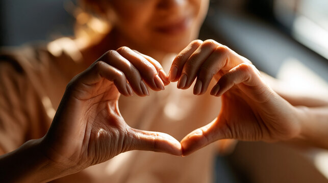 Female hands forming a heart shape against a warm beige studio background with soft natural light, capturing affection, unity and emotional warmth in a simple universal gesture, realistic