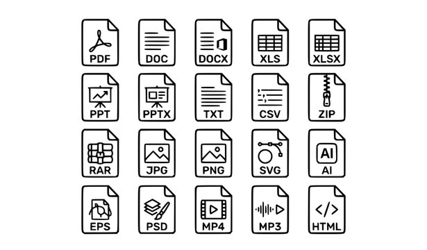 Document File Format Icons Set with PDF DOC XLS PNG SVG and Media File Symbols Vector Collection