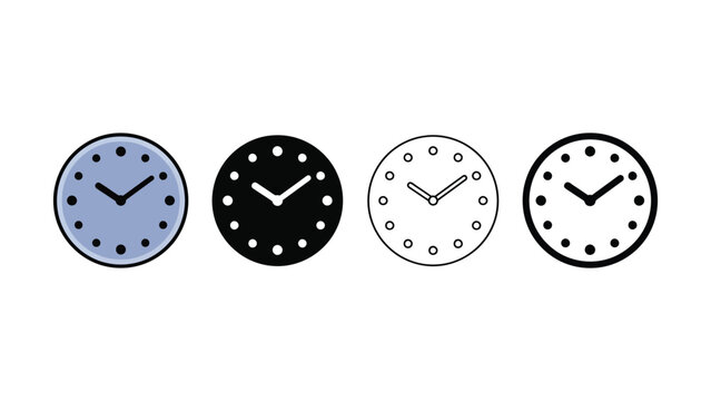 Four different colored clocks on white background  clocks with black and white hands