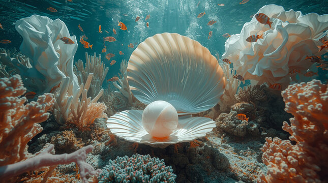 Fairy tale style underwater scene of a luminous pearl inside an open shell, surreal and artistic concept of ocean beauty and fantasy