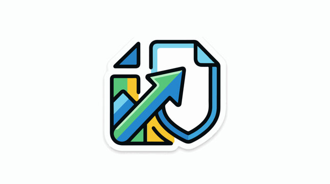 A colorful sticker with an arrow and geometric shapes