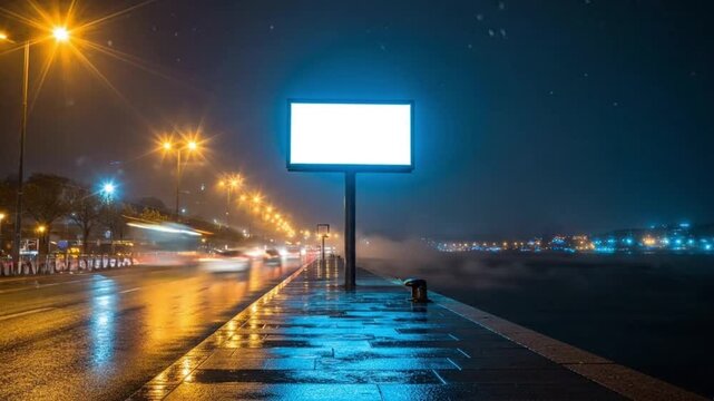 Blank empty billboard on a wet city street at night with glowing lights