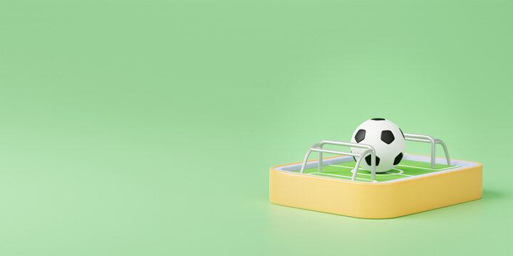 Minimalist 3D illustration of soccer ball on miniature football field for sports tournament