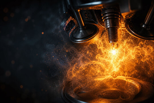 Dramatic closeup of a spark plug igniting a powerful fire explosion inside an engine cylinder, showcasing intense mechanical energy and precision. Nobody present.