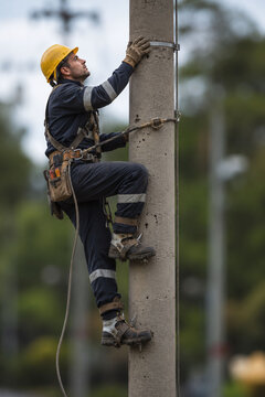 A determined lineman in a yellow hard hat climbs a concrete utility pole, showcasing dedication and expertise in maintaining power infrastructure during a routine outdoor service.