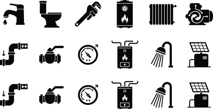 Plumbing and heating icon set vector illustration with faucet toilet wrench boiler radiator pump pipe valve gauge shower and solar heater for service design.