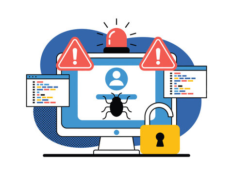 Computer hacked by virus with warning signs