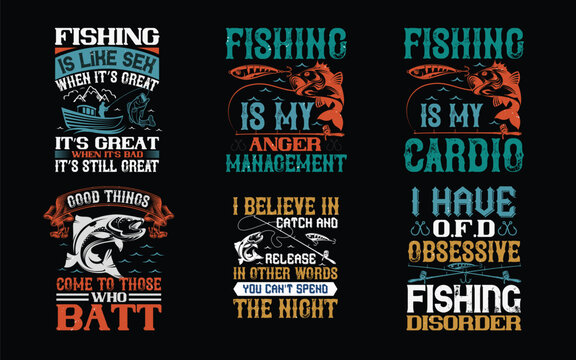 Fishing vector t shirt design bundle funny angler quotes fish illustrations and outdoor recreation graphics