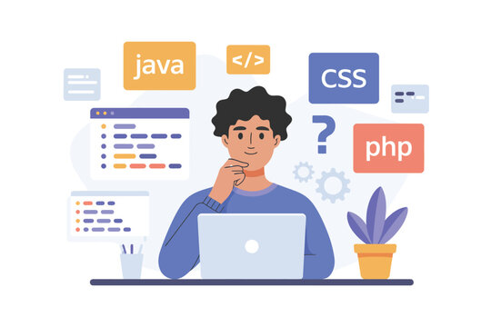 Programmer thinking while coding on laptop with icons