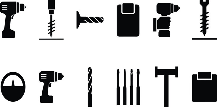 Drill and construction tool icon set vector illustration with electric drill bit screw screwdriver clipboard meter and hammer for hardware workshop design.