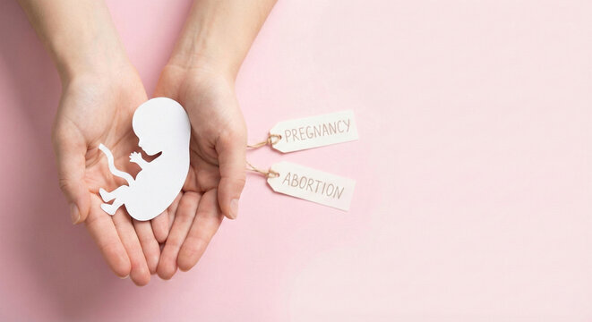 Female hands holding paper fetus silhouette on pink background with cards symbolizing reproductive rights and difficult life choice decision