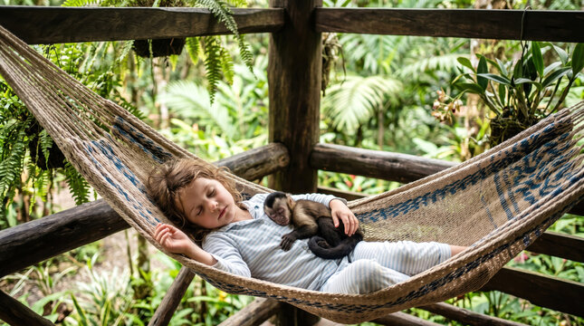 Child sleeping with a little monkey in a jungle hammock