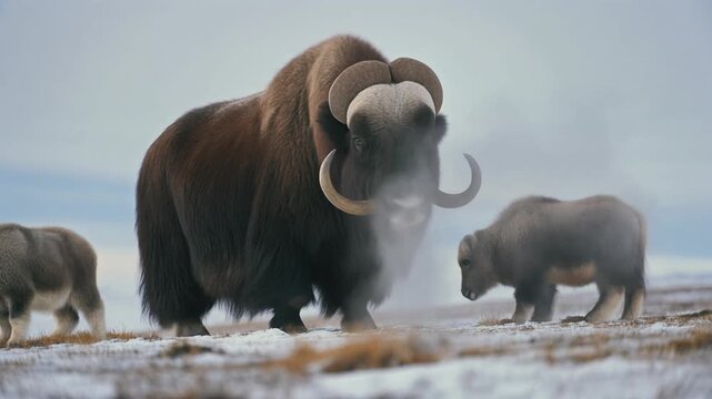 Majestic muskoxen with calves standing on snowy field