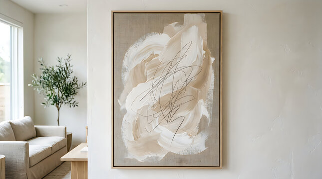 Abstract grey painting hanging on a modern living room wall