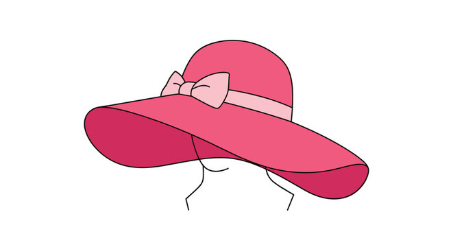 Elegant women pink wide-brim sun hat with a matching bow ribbon shown in a clean simple cartoon outline style.