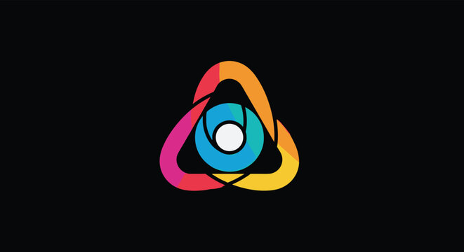 Colorful abstract logo design featuring an overlapping triangular loop and a central blue circle on a black background.